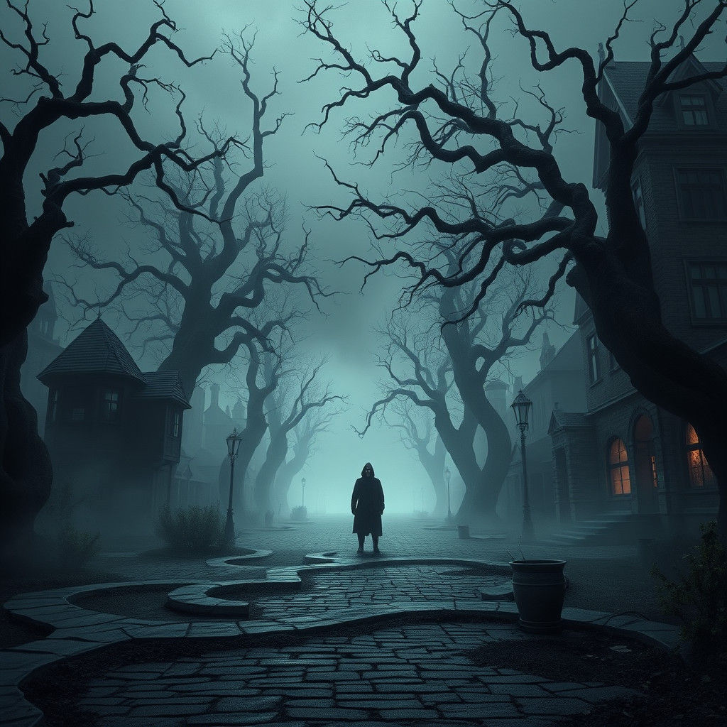 Eerie Mist-Shrouded Town Square in Silent Hill Style