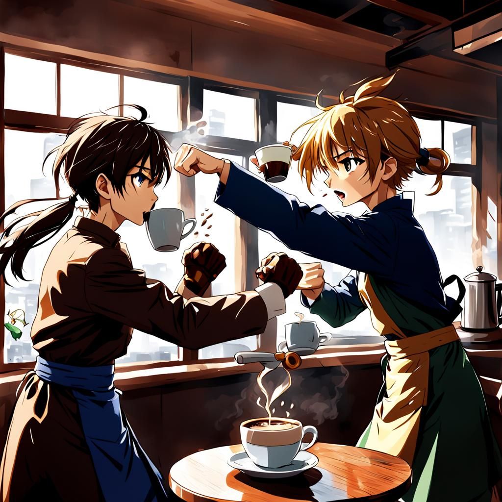 Animated Coffee Shop Fight in Anime Style