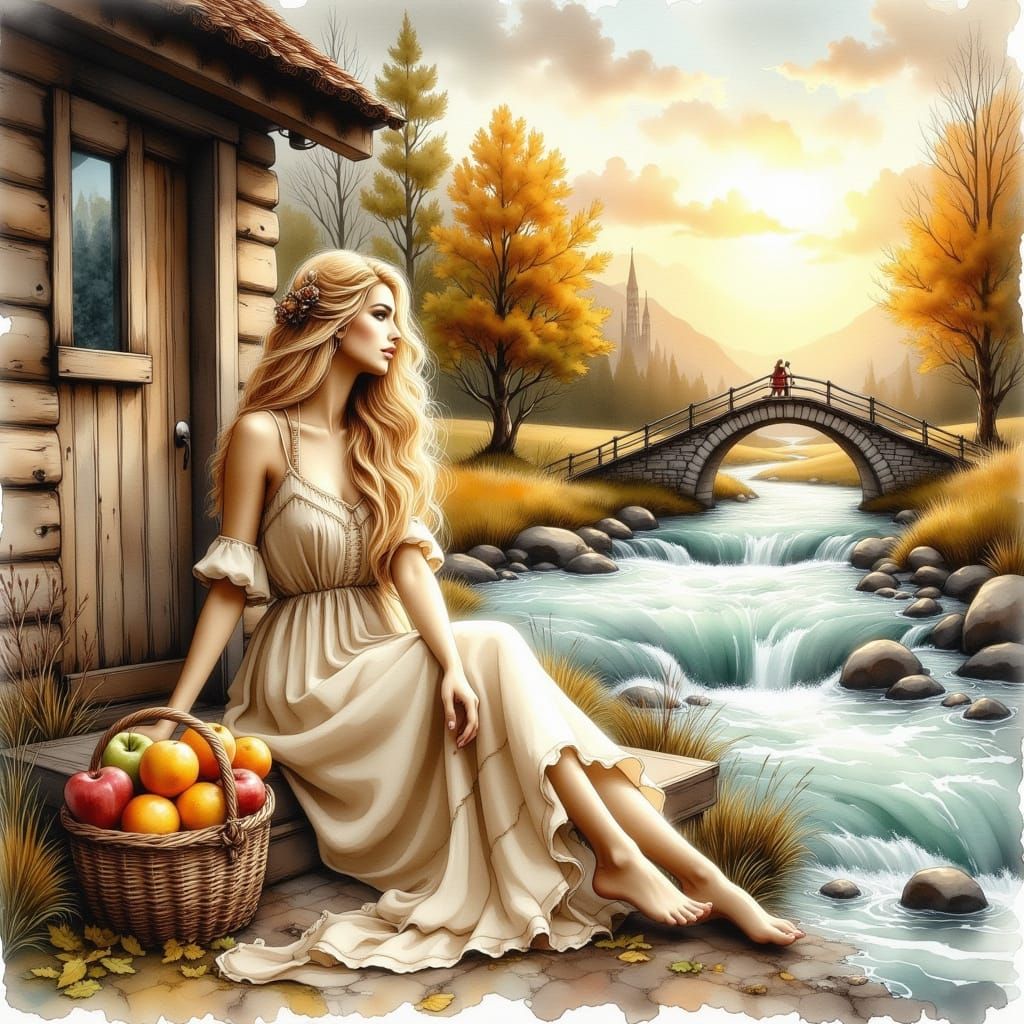 Woman by River in Ethereal Watercolor Style