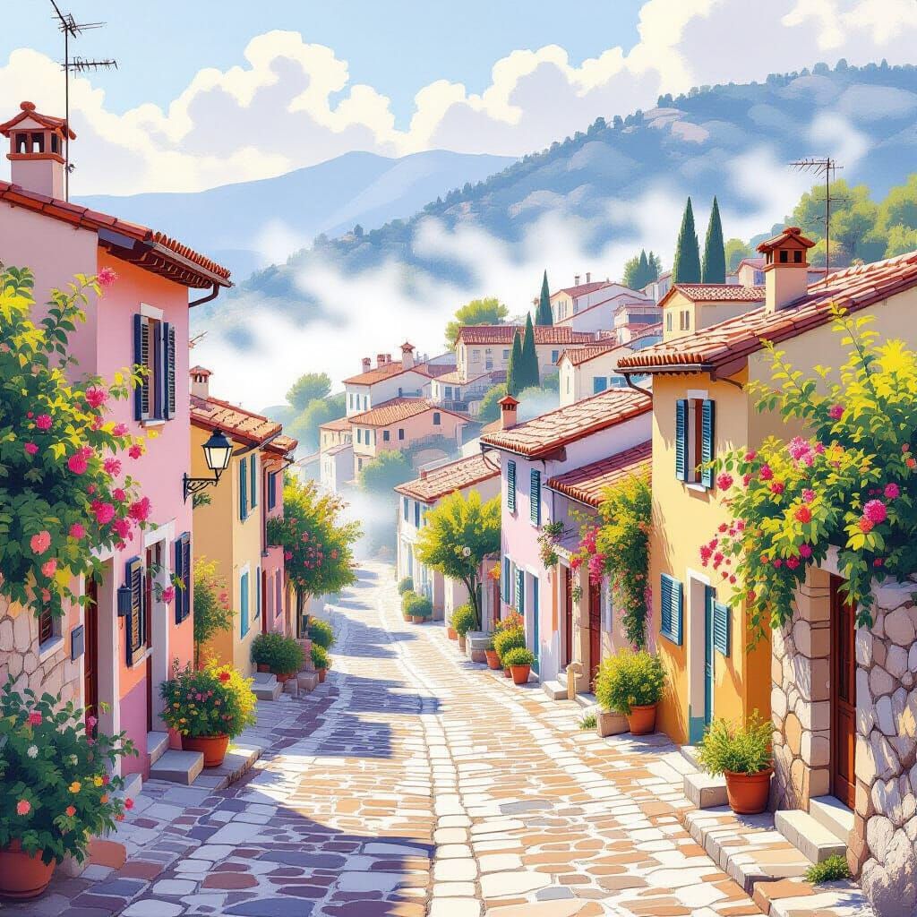 Dreamy Mediterranean Village in Ethereal Mist