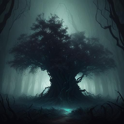 Eerie Forest: Twisted Tree with Glowing Eyes