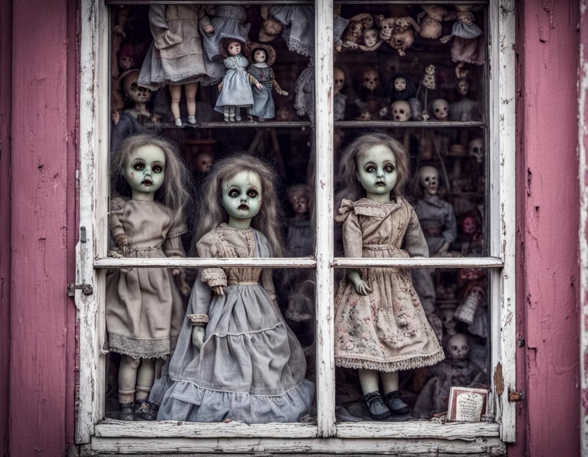 Window in a creepy doll shop