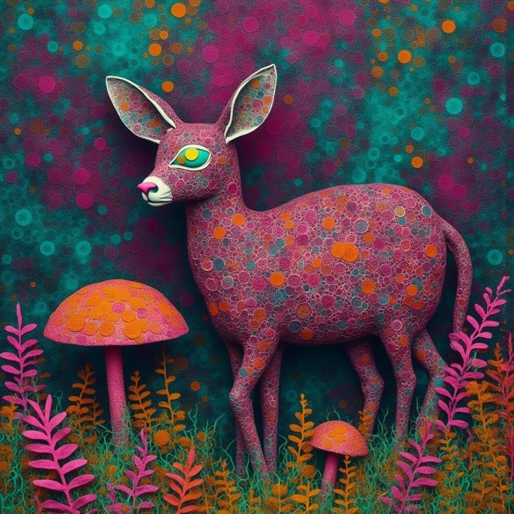 Psychedelic Doe and Fawn in Mushroom Forest