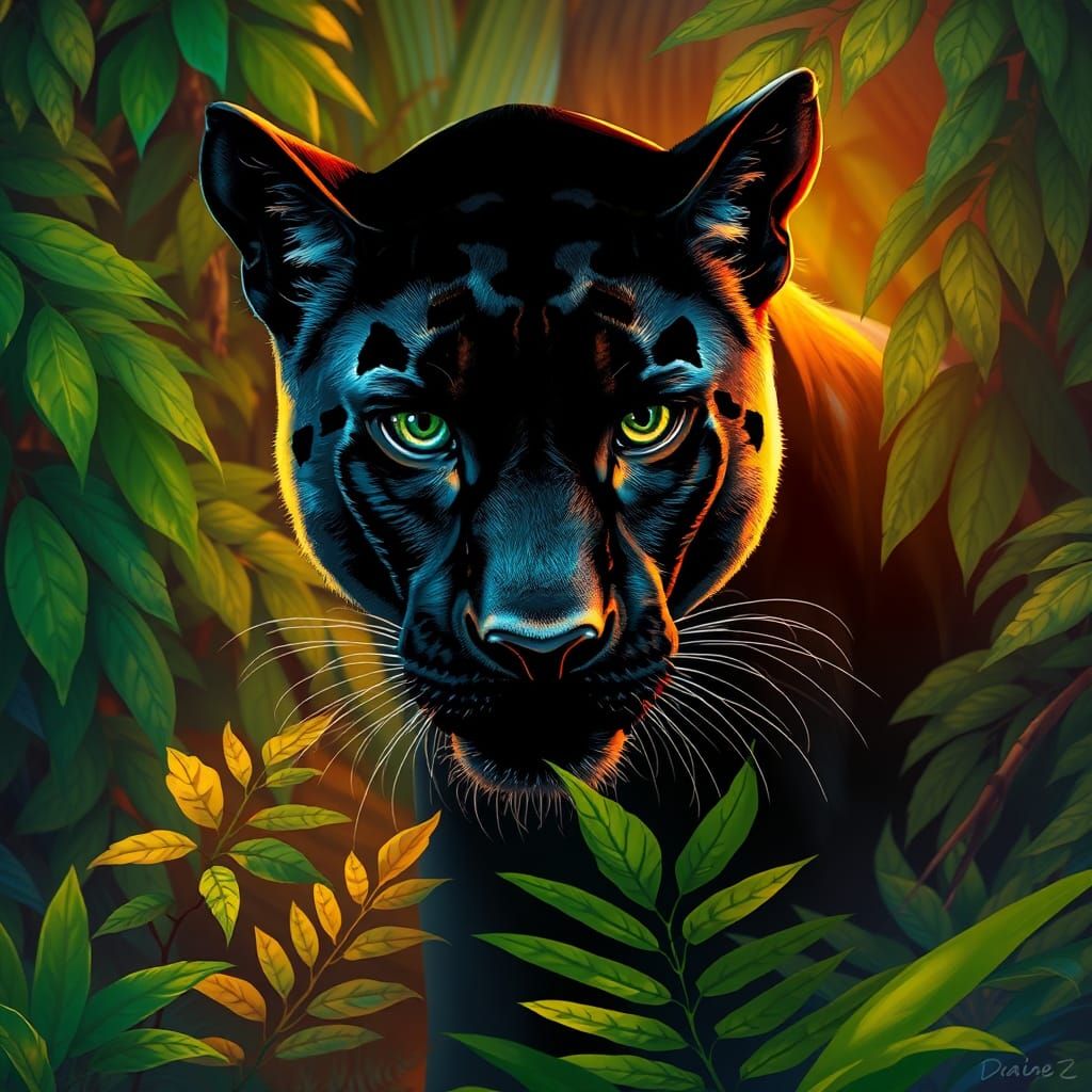 Black Panther in Lush Jungle, Hyperrealistic Digital Art