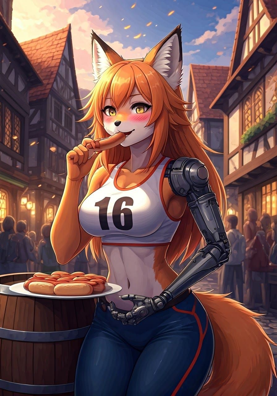 Fox Woman Devouring Hotdogs in Cozy Medieval Town