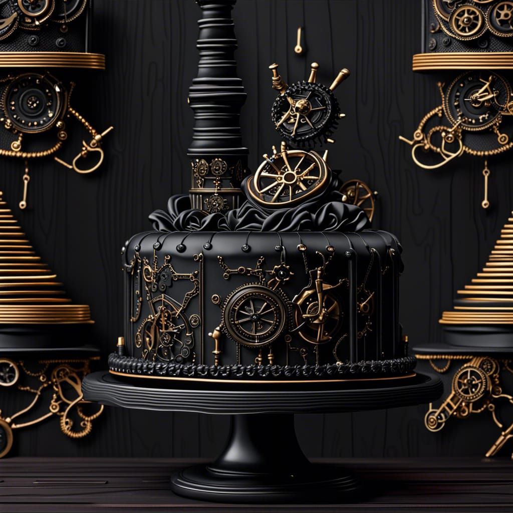 Goth cake on top of a black wooden table that looks steampun...