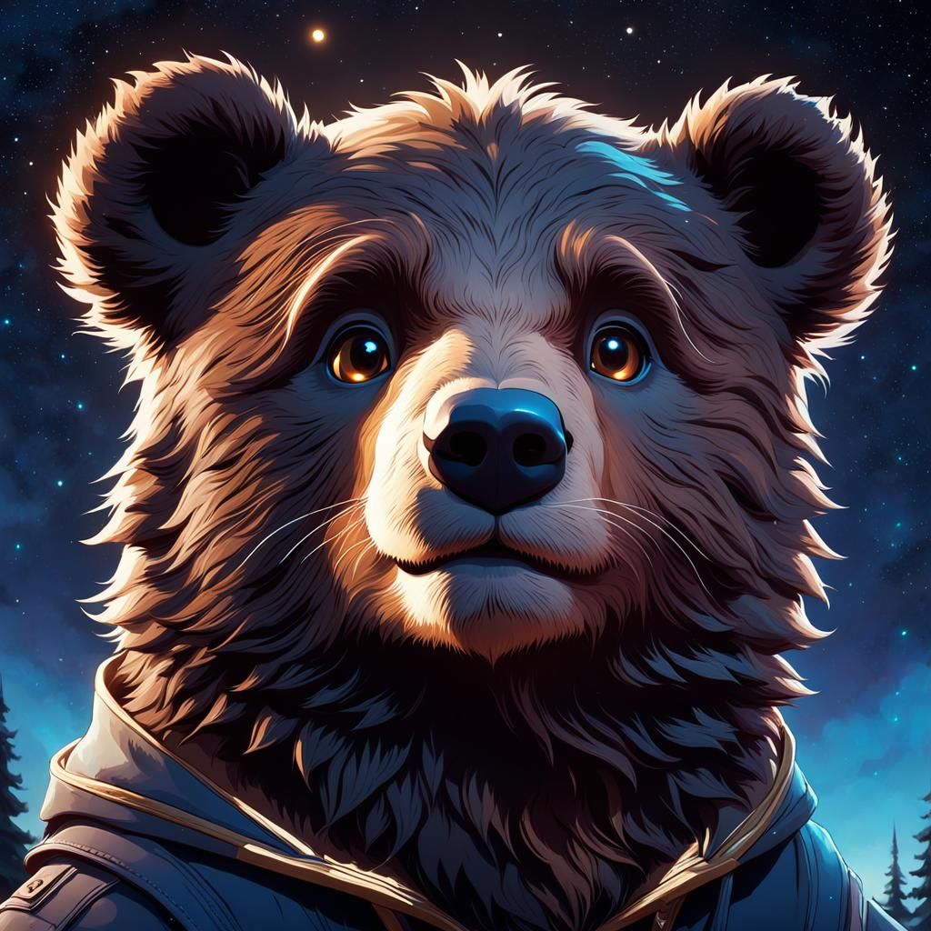 Little bear cub looks up at the night sky.