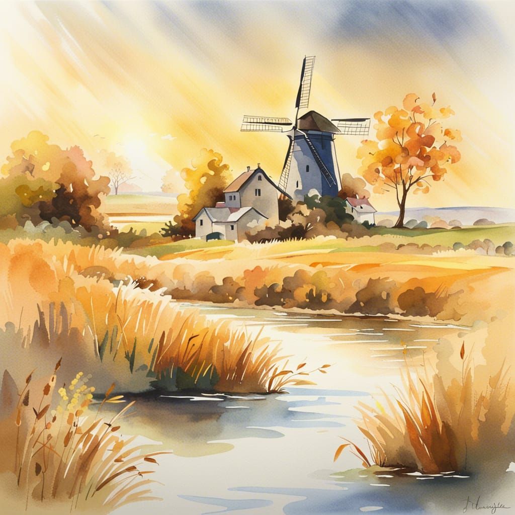 Watercolor Countryside Scene with Windmills