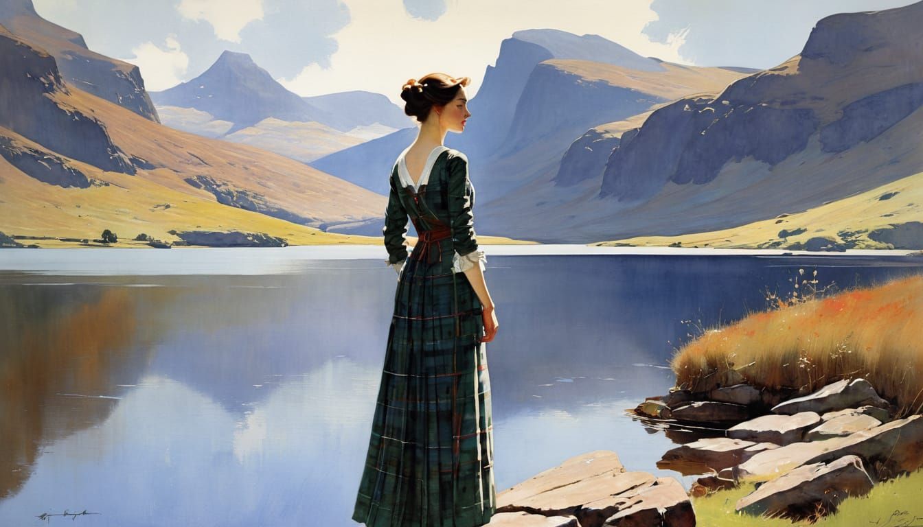 Highlands Lake: Woman in Tartan Dress, Watercolor