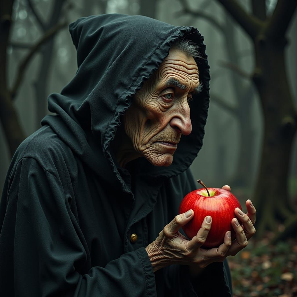 Sinister Witch with Apple in Antique Photo Style