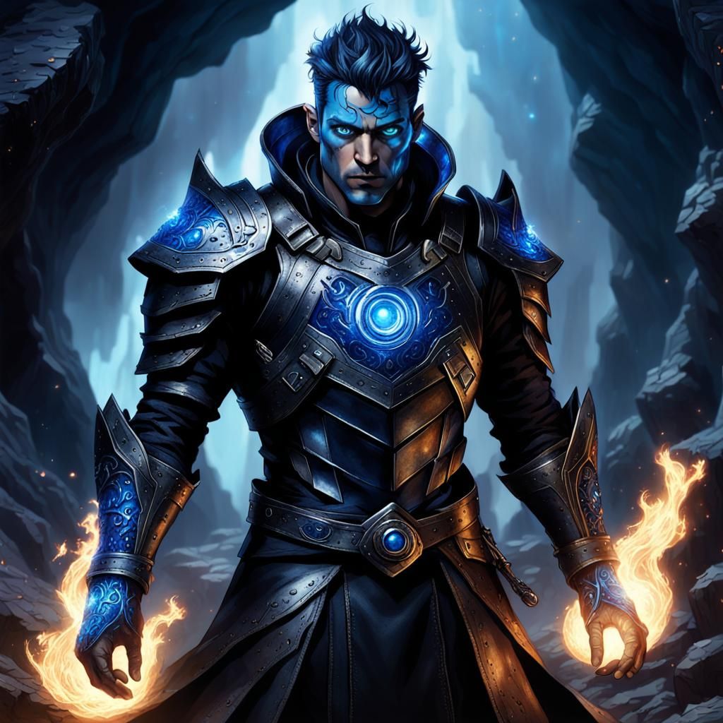 Le personnage est une sorcière avec des cheveux noirs et des yeux bleus brillants, portant une armure de cuir noir compl...