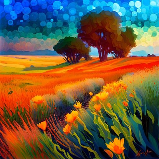 Orange Poppies in Surreal Impressionist Landscape