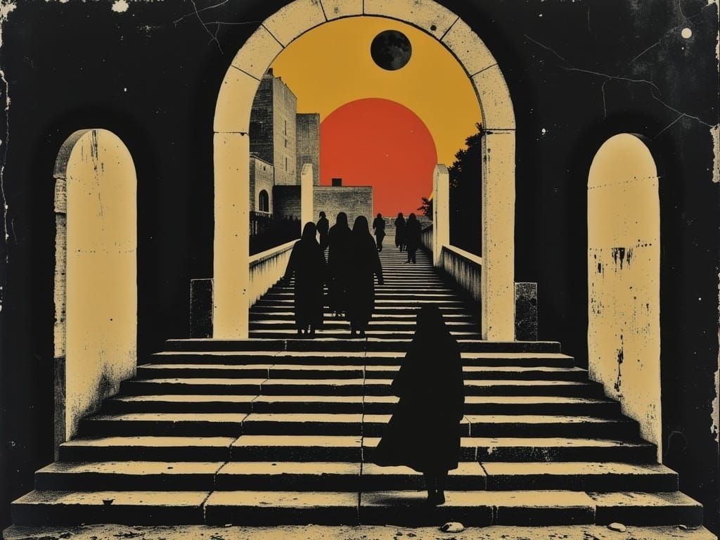 Dystopian Robot City: Stairway to Nowhere in Surreal Sunset