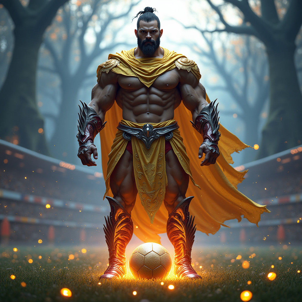 Soccer Deity in Lush Stadium with Golden Ball
