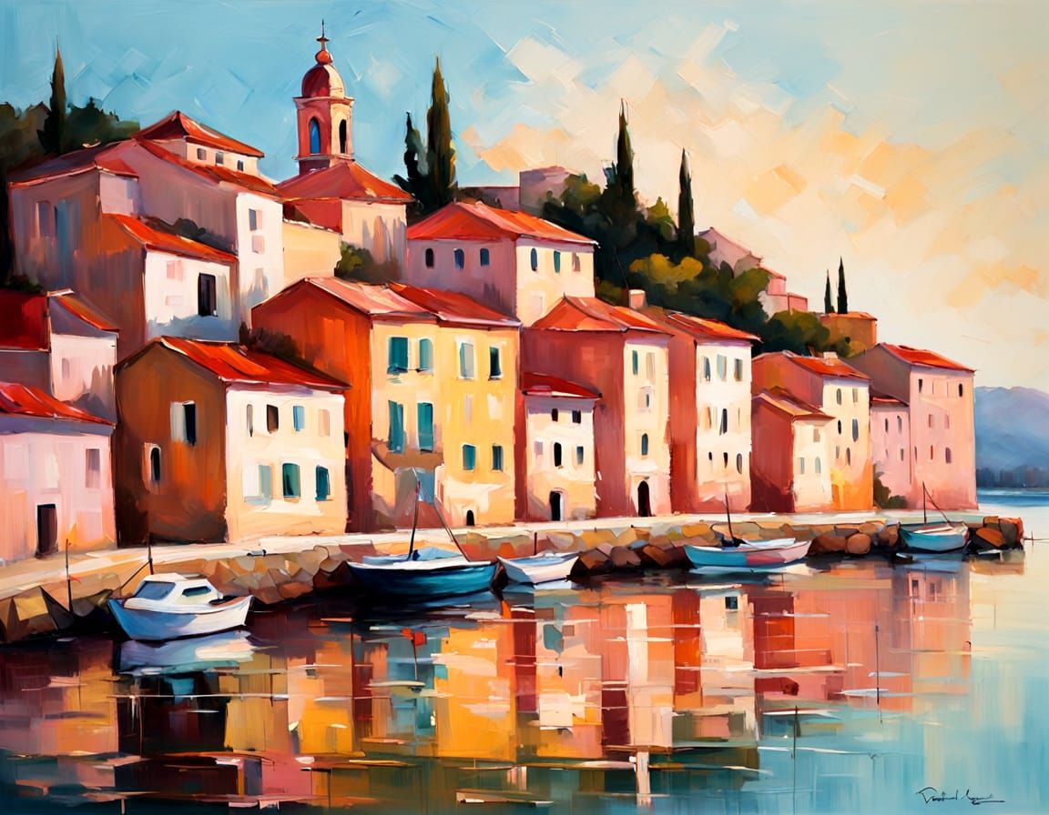 Impressionistic Mediterranean Town Oil Painting