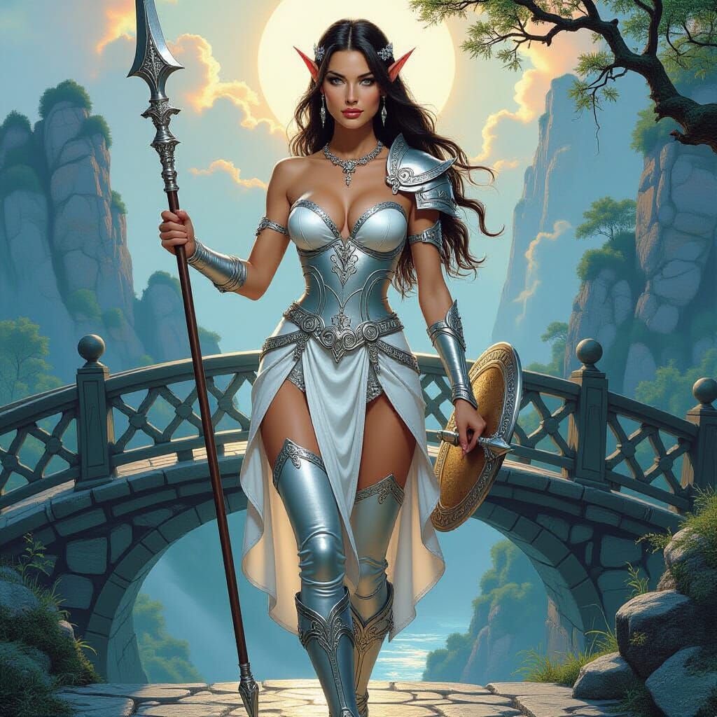 Elven Warrior on Mystical Bridge in Fantasy Art Style