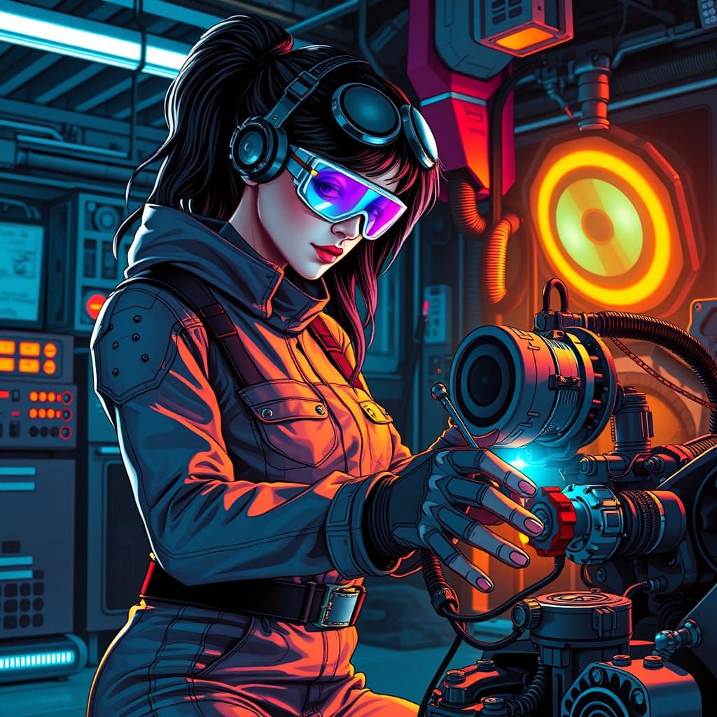 Futuristic Female Mechanic in Neon Garage, Cyberpunk Style