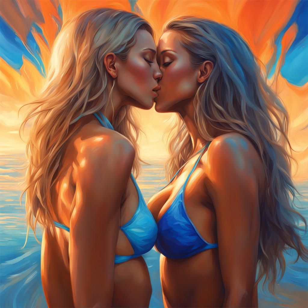 Two Women Kissing in See-Through Bikinis, Hyperrealistic Art