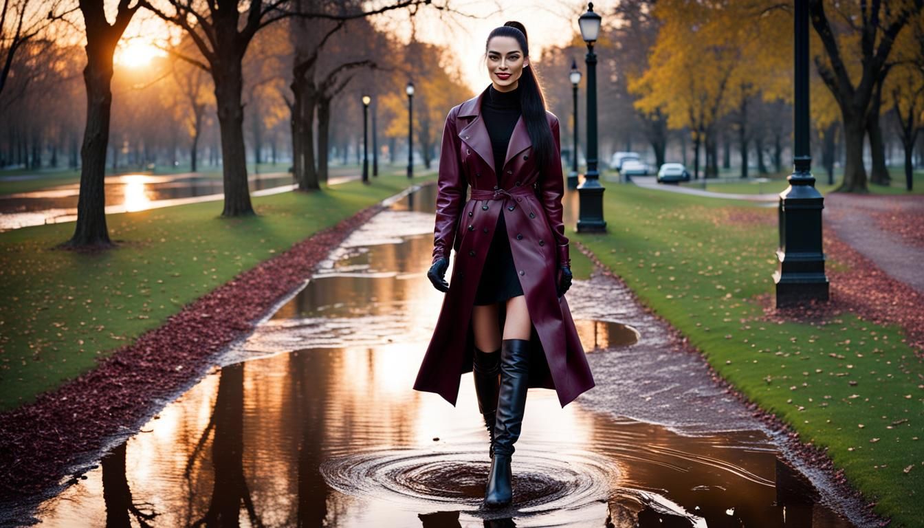 Girl in Burgundy Raincoat at Sunset, Hyperrealistic