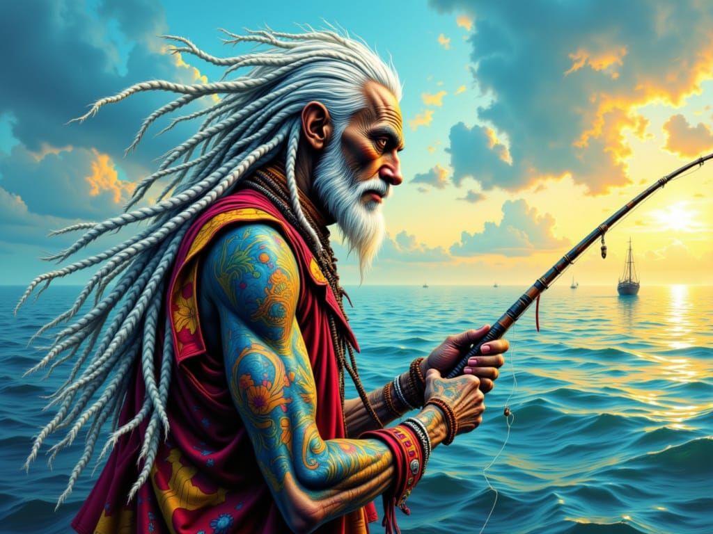 Albino Fisherman with White Dreads and Tattoos