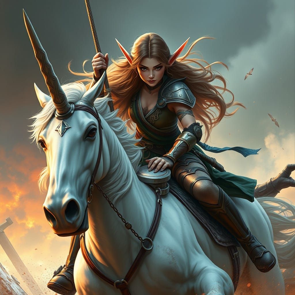 Ethereal Elf Warrior Unleashes Unicorn's Fury in Battle