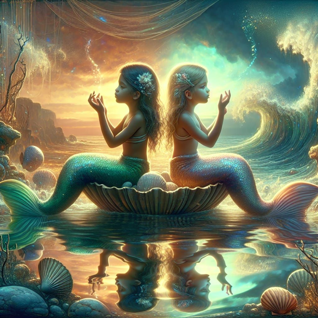 Mermaid Children Relaxing in Shell, Detailed Matte Painting