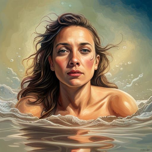Hyperrealistic Woman Swimming in Pond: Splash Art