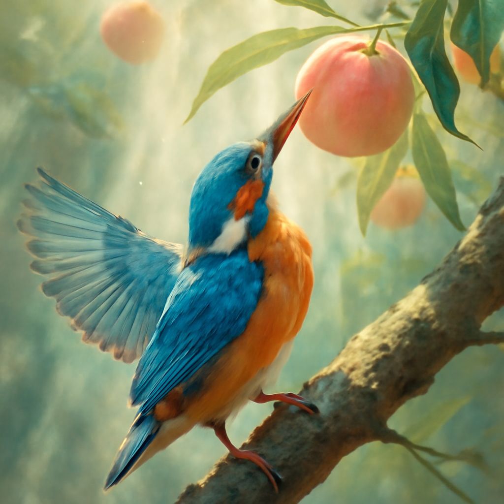Kingfisher Reaching for Peach in Manhwa Art Style