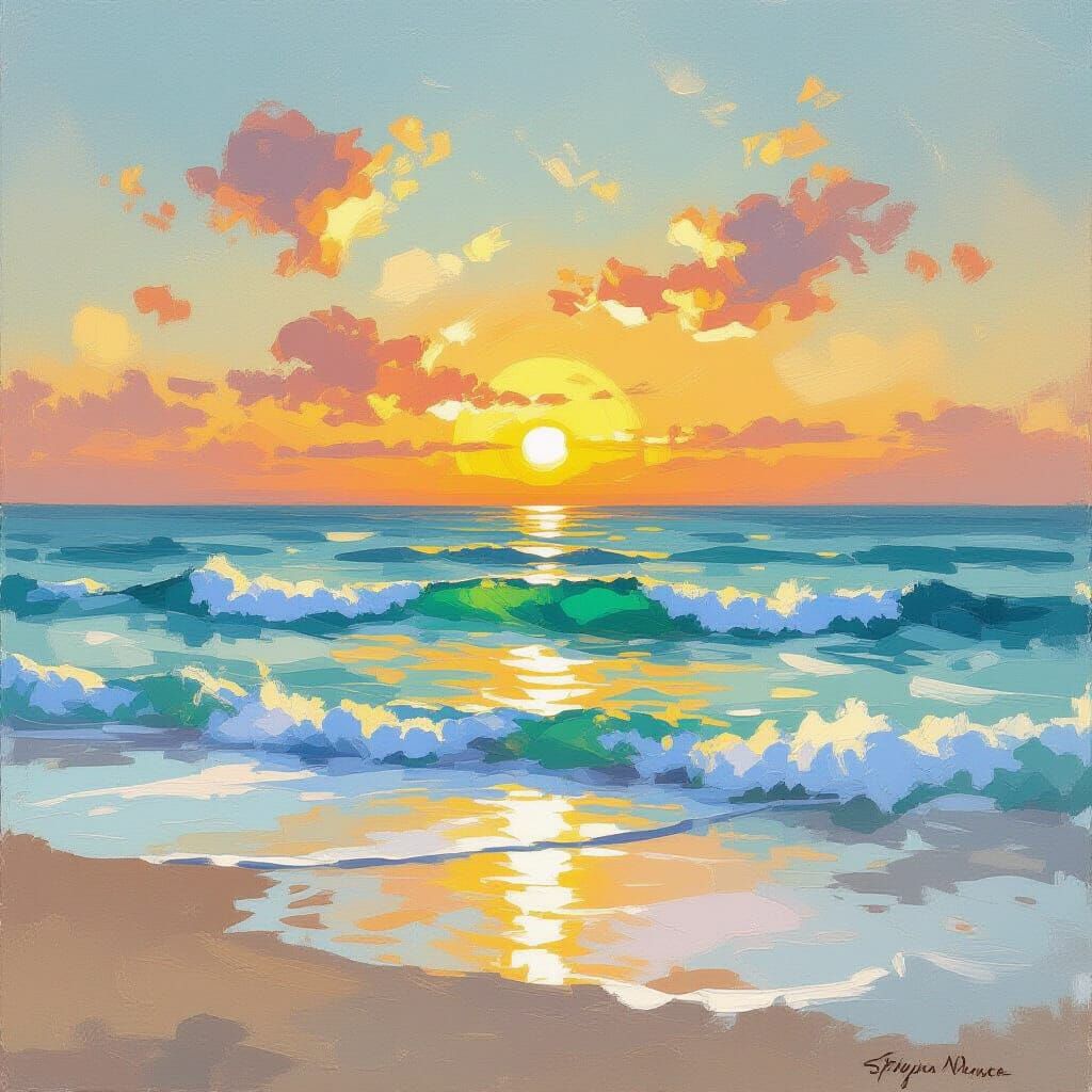 Impressionist Ocean Sunset with Turquoise Waves