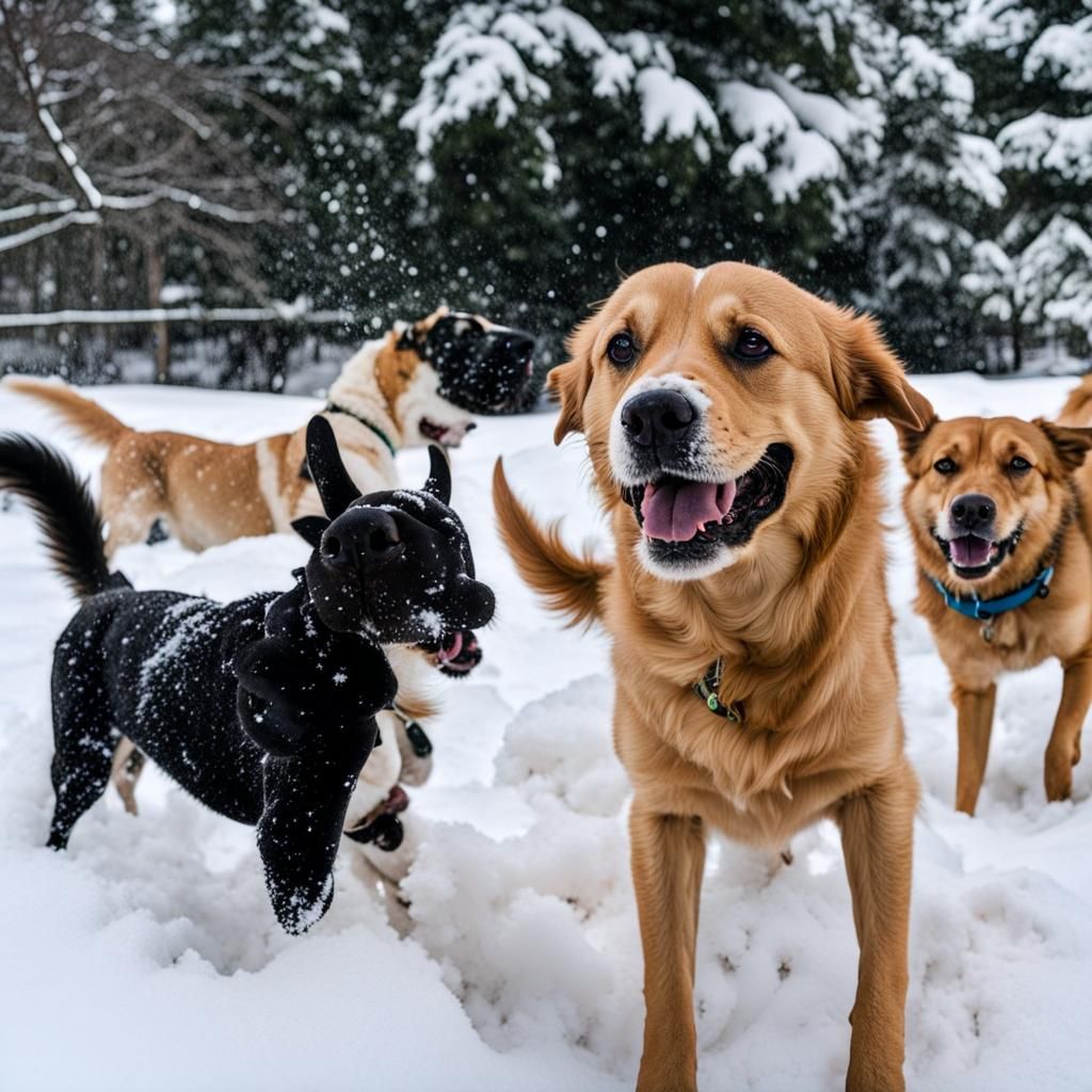 Playful Rescue Dogs in Snow Await Adoption