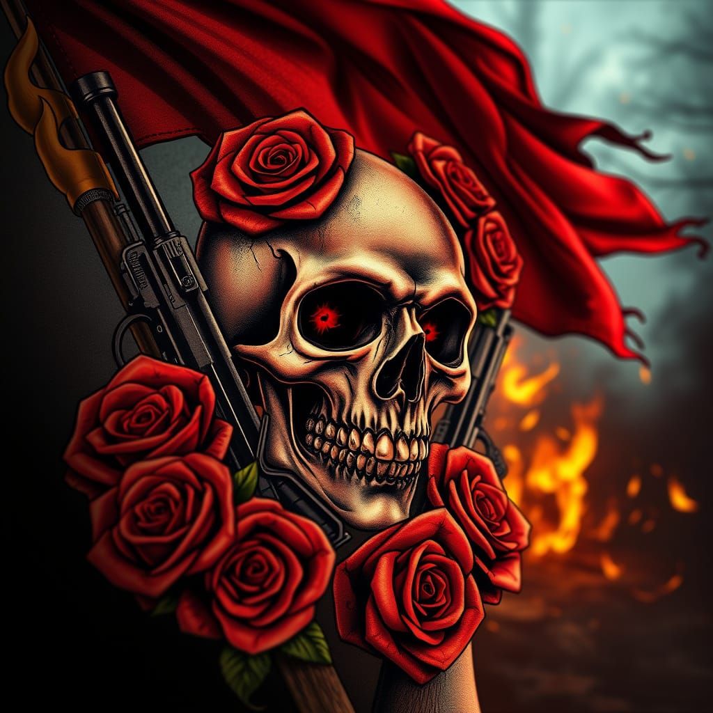Skull and Roses Tattoo in Gritty Realism Style