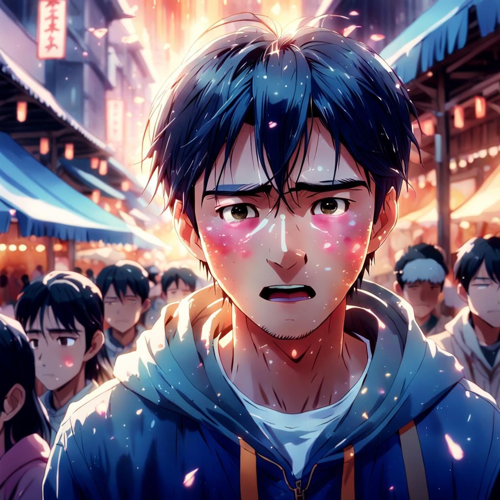 Emotional Market Scene in Watercolor Anime Style