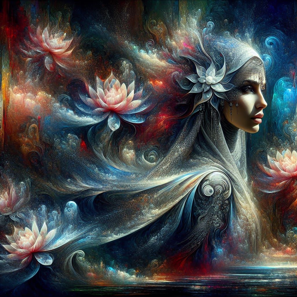 Middle-Eastern Woman with Lotus Flowers in Digital Painting