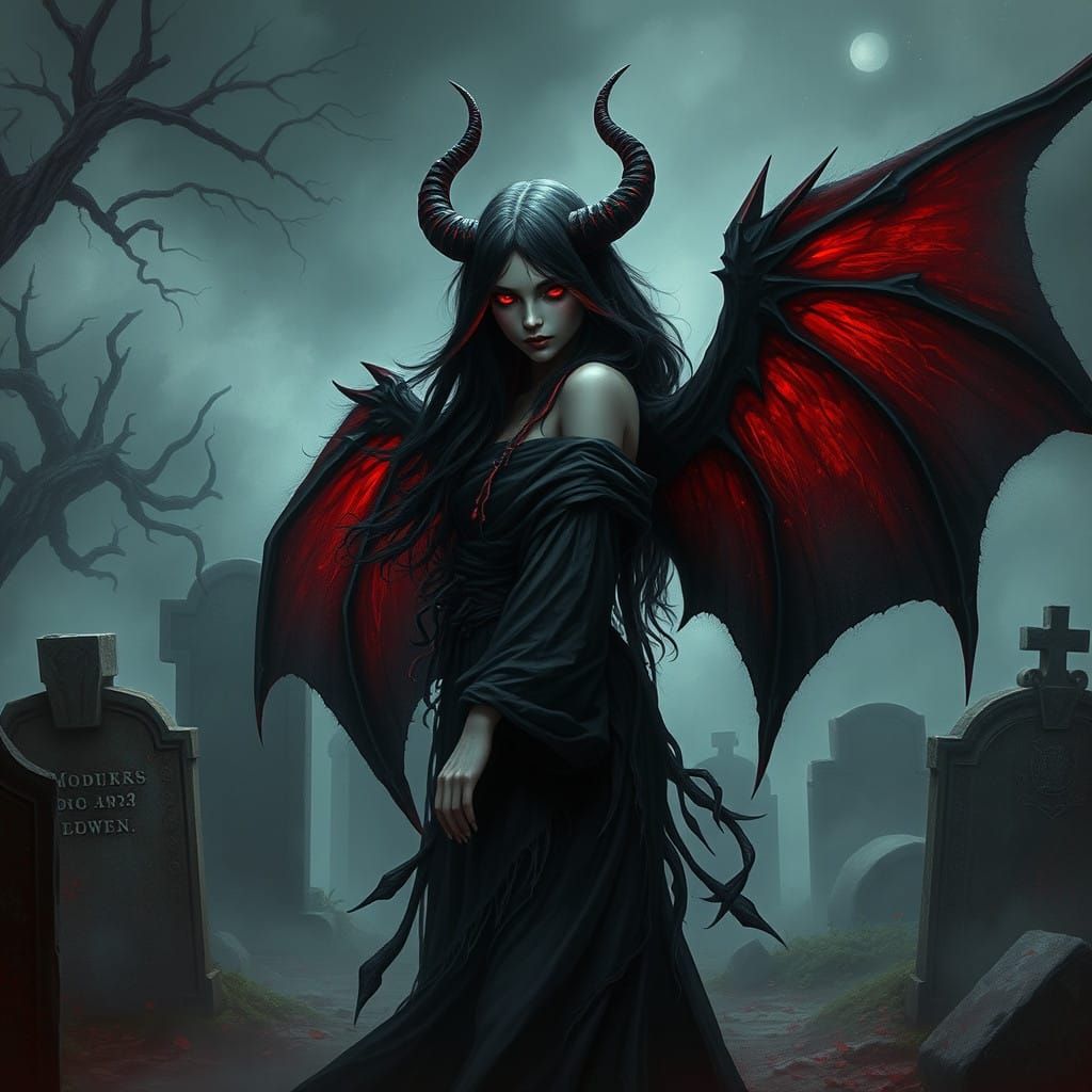 Dark Fantasy Ethereal Demon Goddess in Misty Graveyard