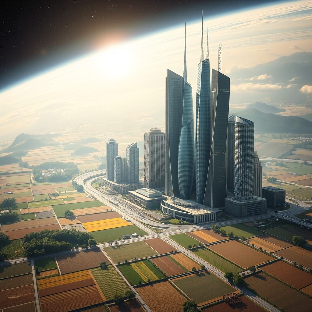 Urban Skyscrapers Over Floating Farm Landscapes