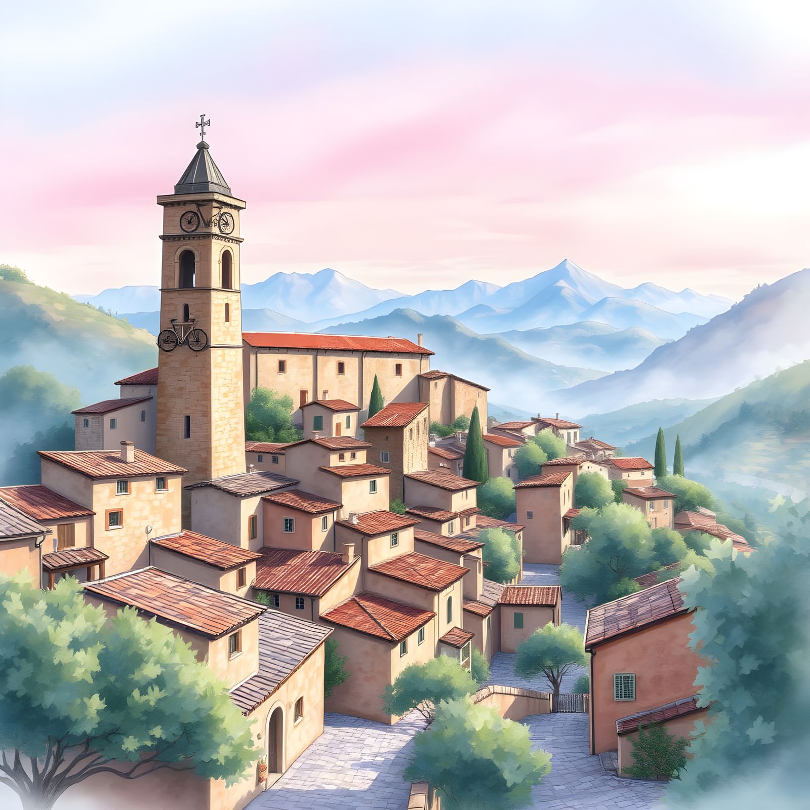 Apricale Village in Liguria, Italy as Watercolour