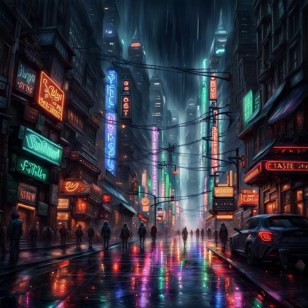 Neon City Street at Night with Forest View