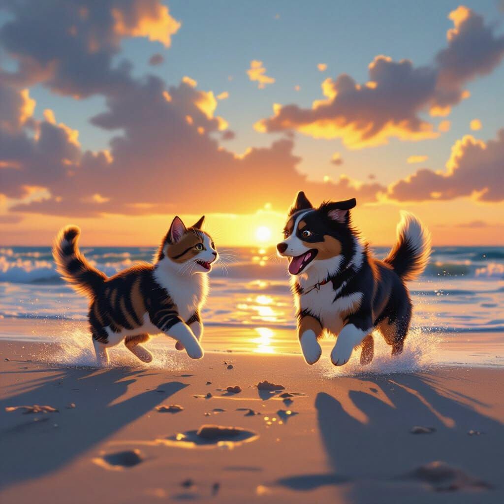 Cats and Dogs Playing on Beach at Sunset