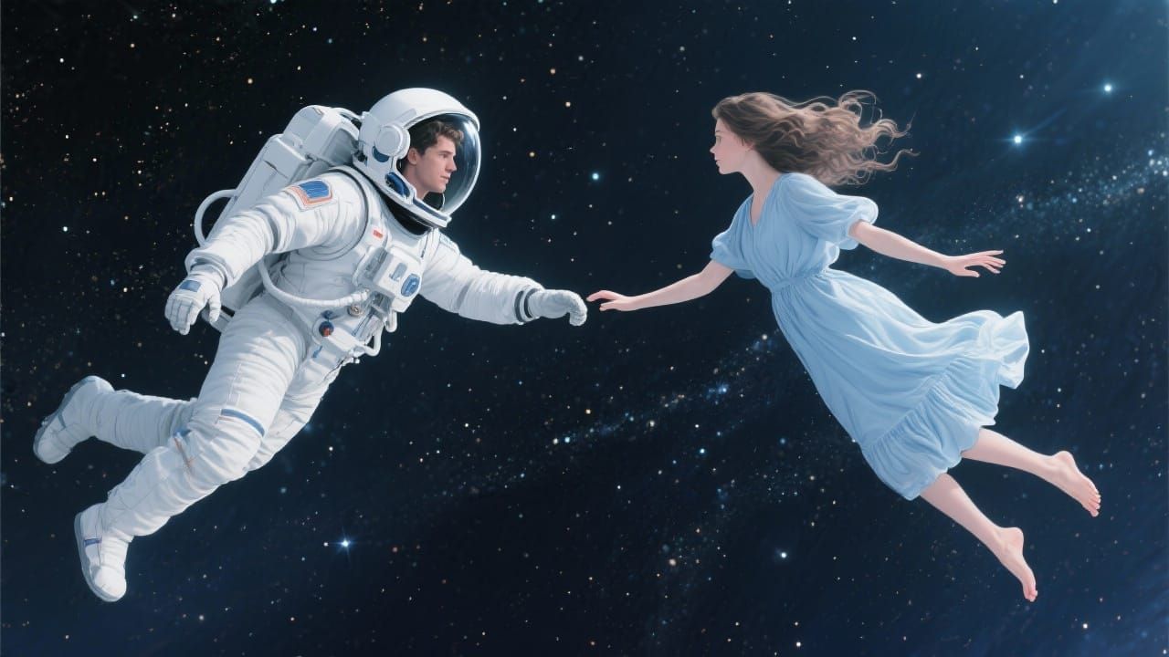 Two Figures Embrace in Infinite Starry Space