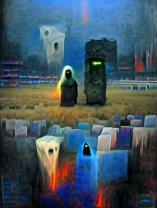 Ghost by Monolith in Spooky Impressionist Graveyard