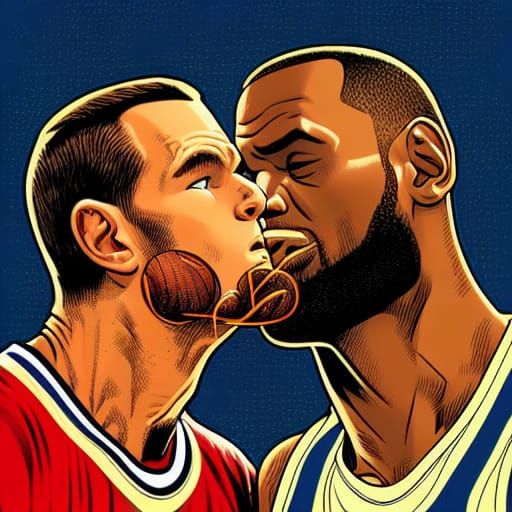 Lebron James and Tom Brady: Comic Book Kiss