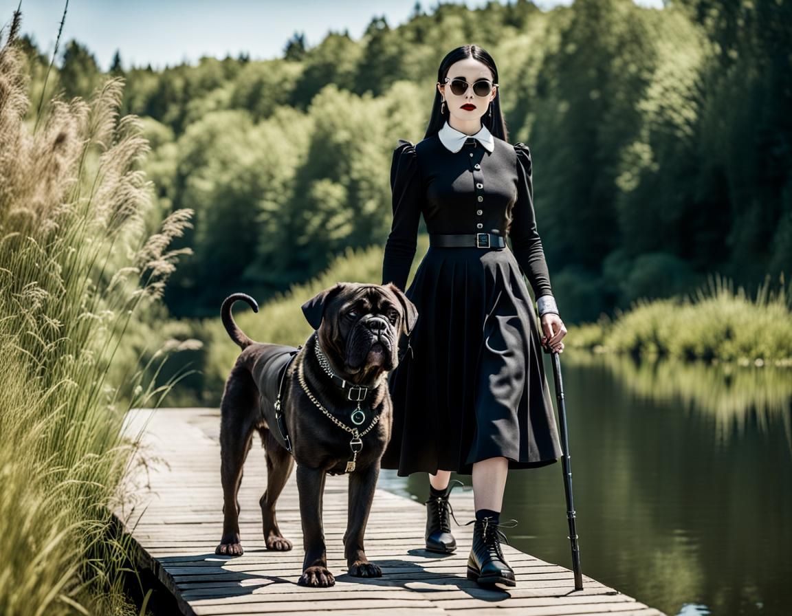 Wednesday Addams Walks Lakeside with Cane Corso