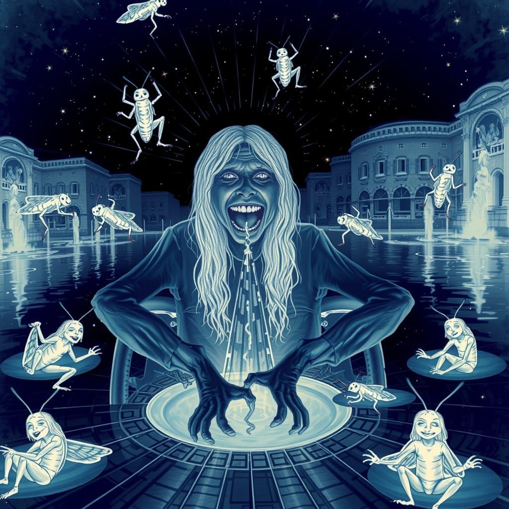 Surrealistic Madwoman in Wheelchair by Holographic Fountain