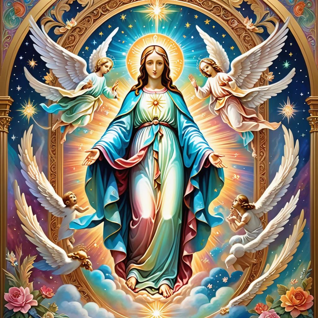 Angelic Virgin Mary and Christ in Radiant Glory