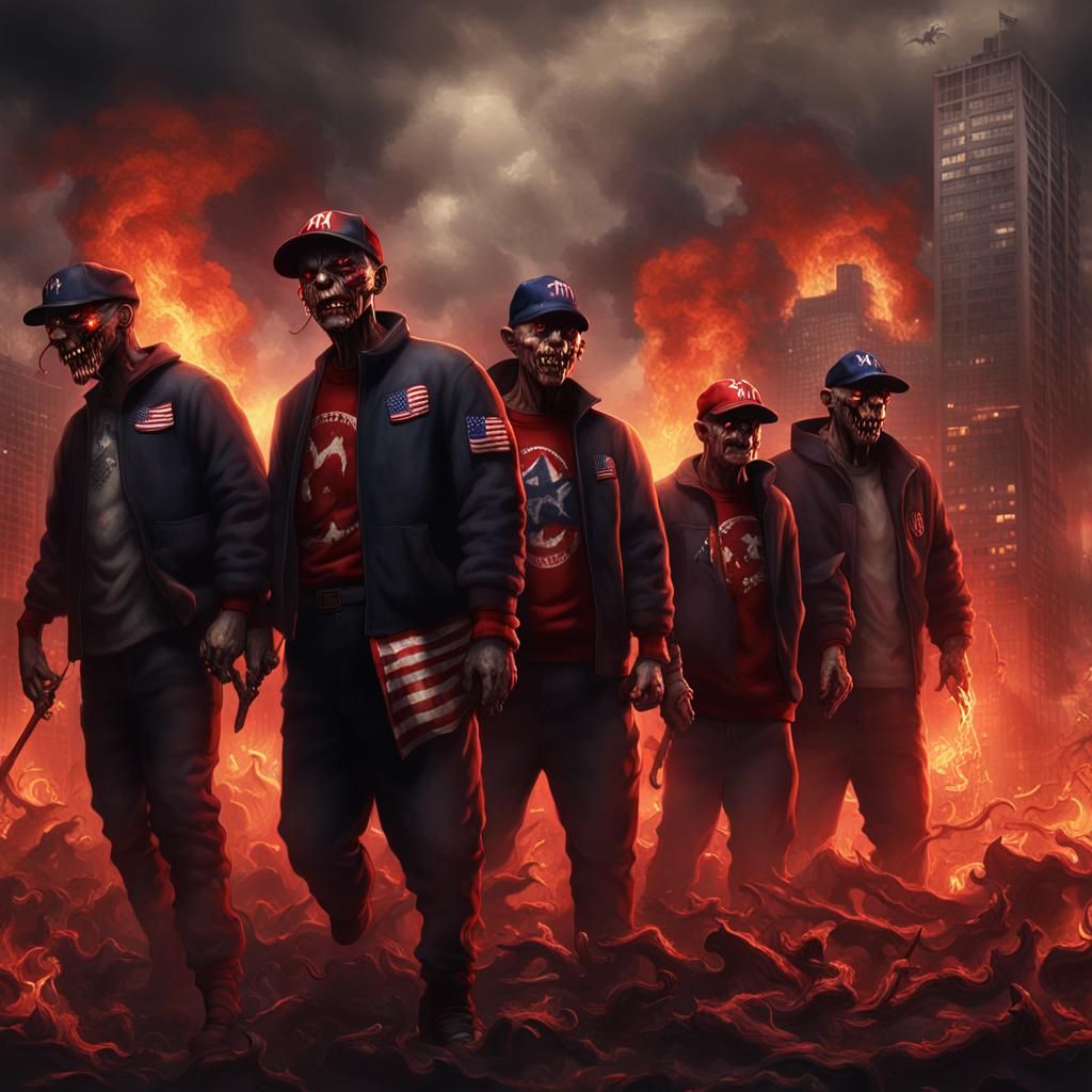 Apocalyptic 3D Render: Demonic Figures Burn Flag