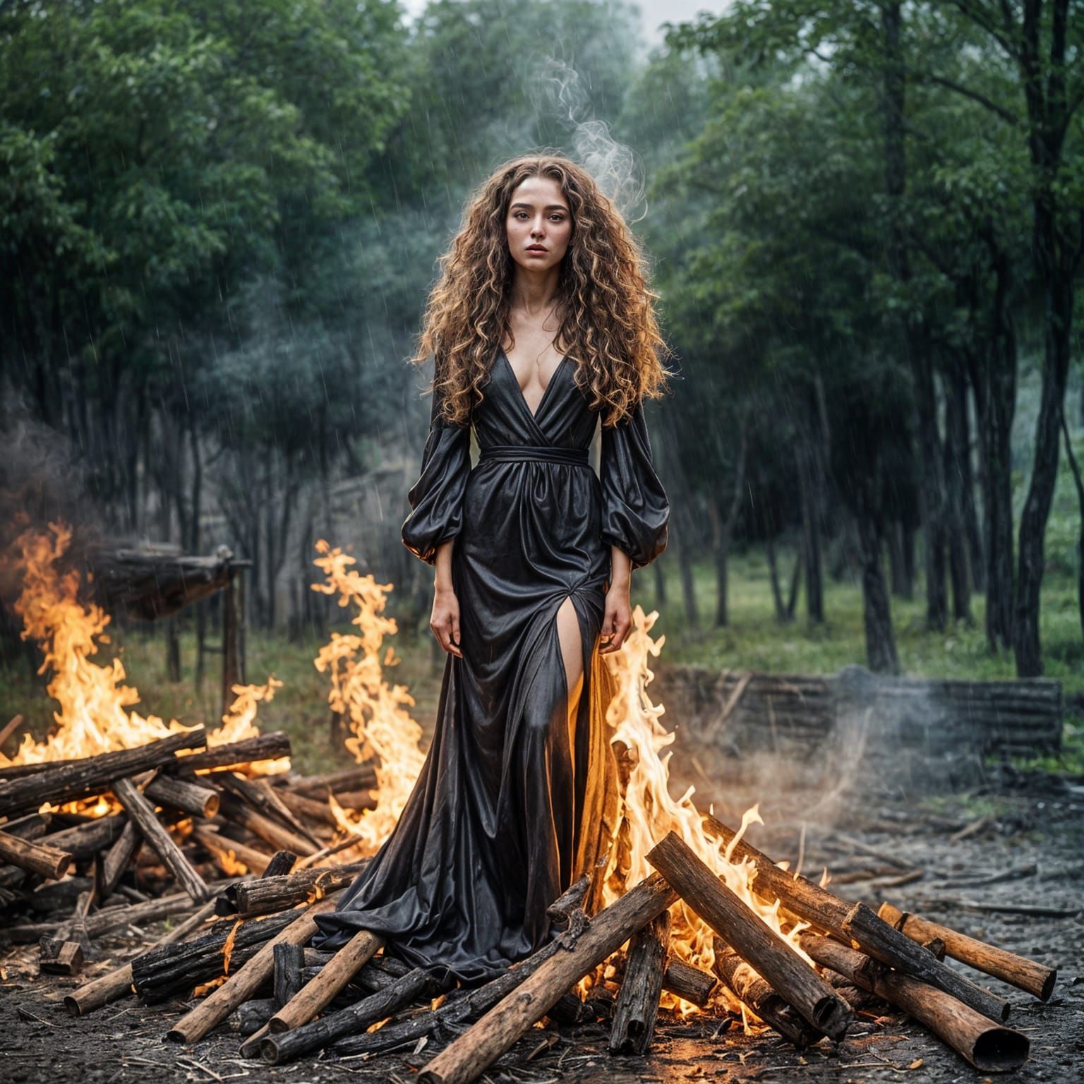 Accused Witch Awaits Burning in Heavy Rain