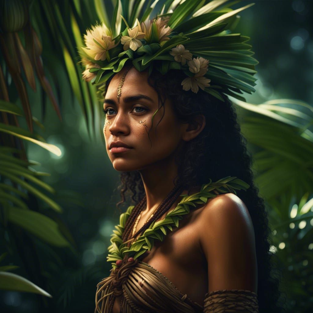Polynesian Girl Collects Jungle Flowers: Digital Matte Paint...