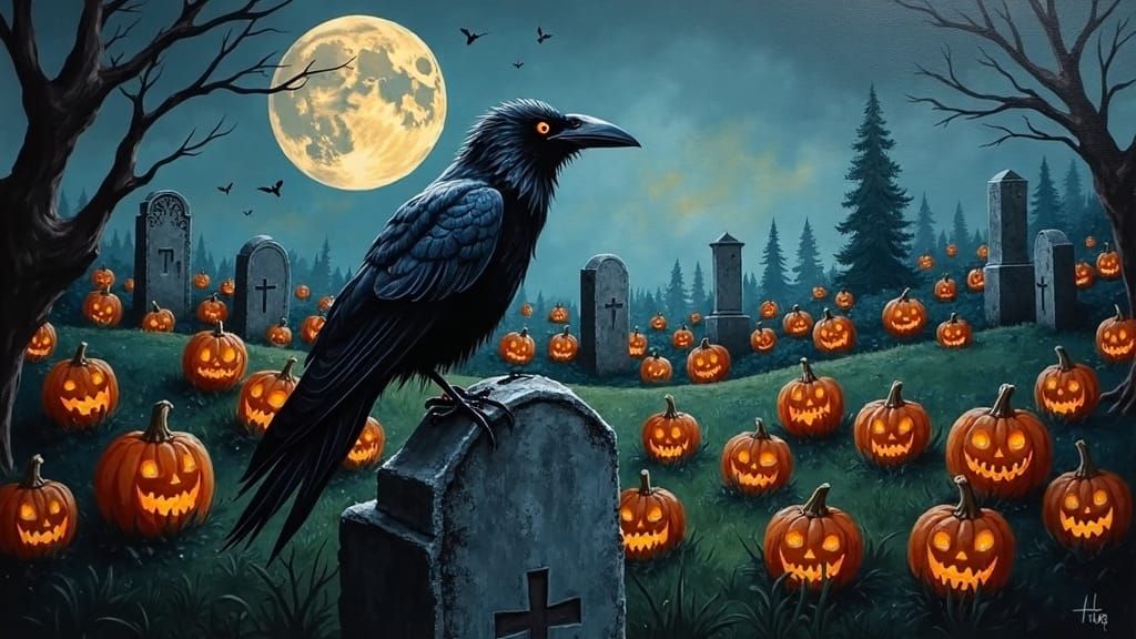 Raven in Graveyard: Neo-Impressionist Oil Painting
