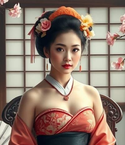 Geisha Portrait with Cherry Blossoms in Photorealistic Style