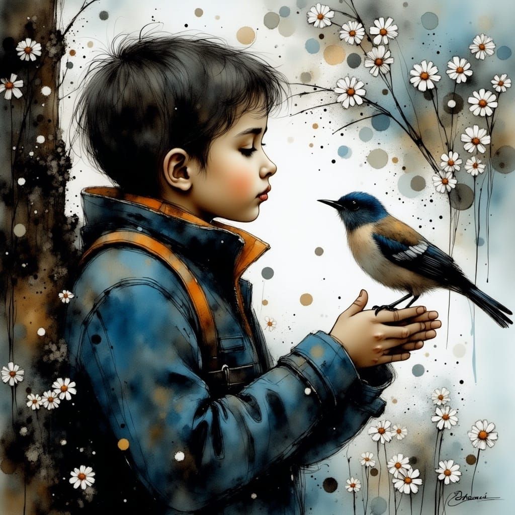 Boy Listens to Bird's Serenade in Intricately Detailed Art